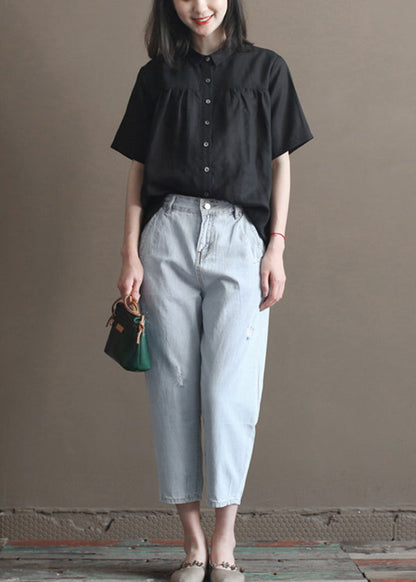 Simple Black Peter Pan Collar Wrinkled Button Linen Blouses Short Sleeve