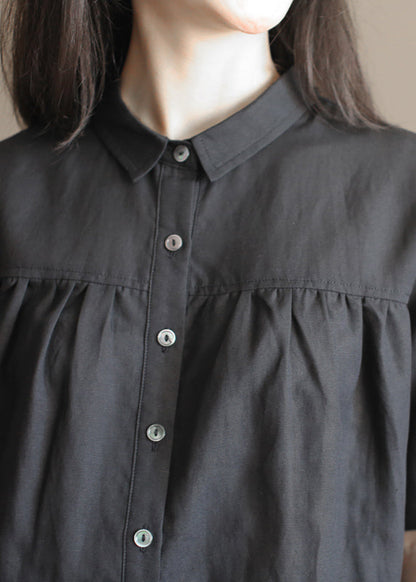 Simple Black Peter Pan Collar Wrinkled Button Linen Blouses Short Sleeve