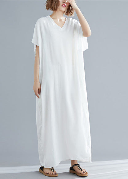 Simple White V Neck Cotton Beach Long Dress Short Sleeve