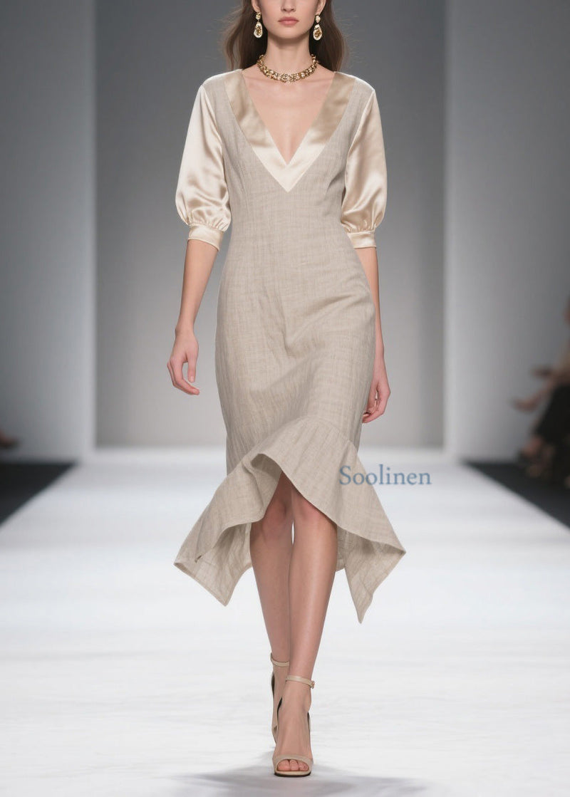Simple Style V Neck Patchwork Linen Silk Dress Summer