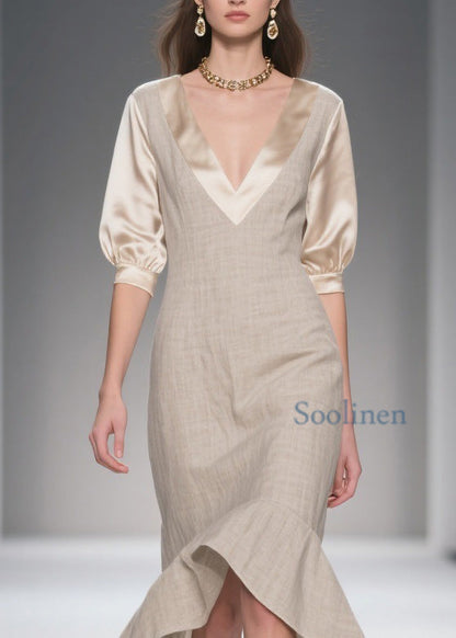 Simple Style V Neck Patchwork Linen Silk Dress Summer