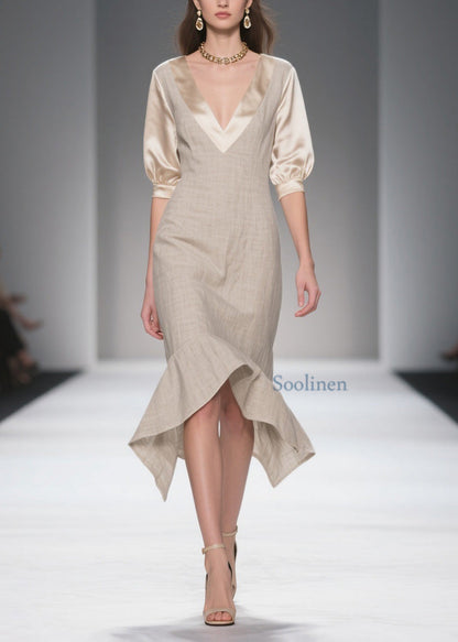 Simple Style V Neck Patchwork Linen Silk Dress Summer
