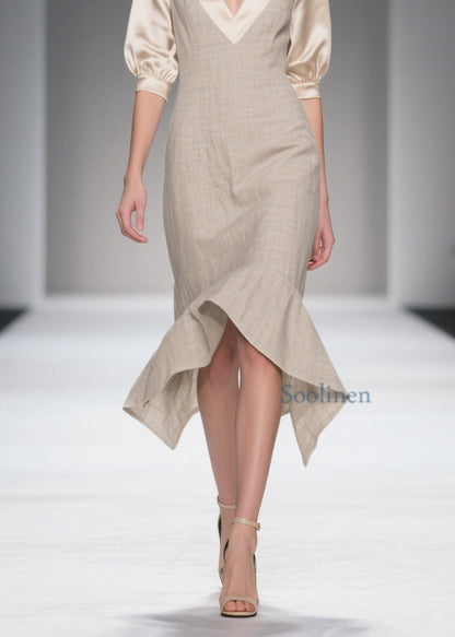Simple Style V Neck Patchwork Linen Silk Dress Summer