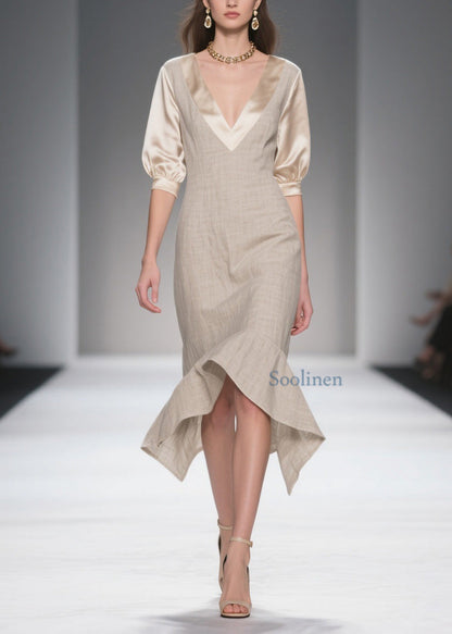 Simple Style V Neck Patchwork Linen Silk Dress Summer
