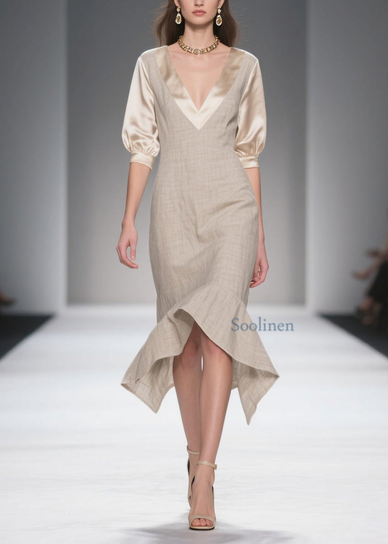 Simple Style V Neck Patchwork Linen Silk Dress Summer