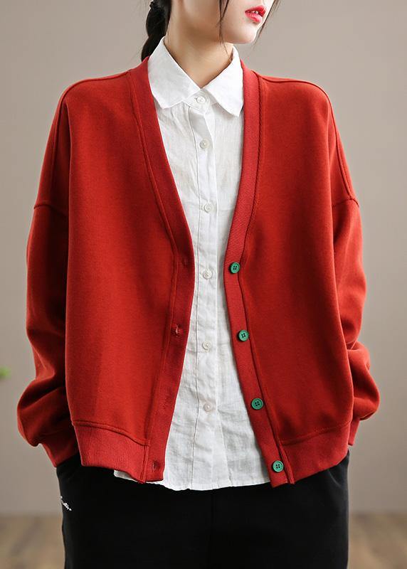 Simple V Neck Button Down Spring Red Outwear