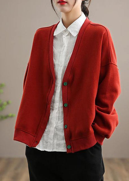 Simple V Neck Button Down Spring Red Outwear