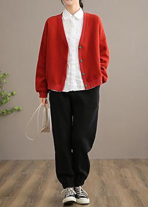 Simple V Neck Button Down Spring Red Outwear