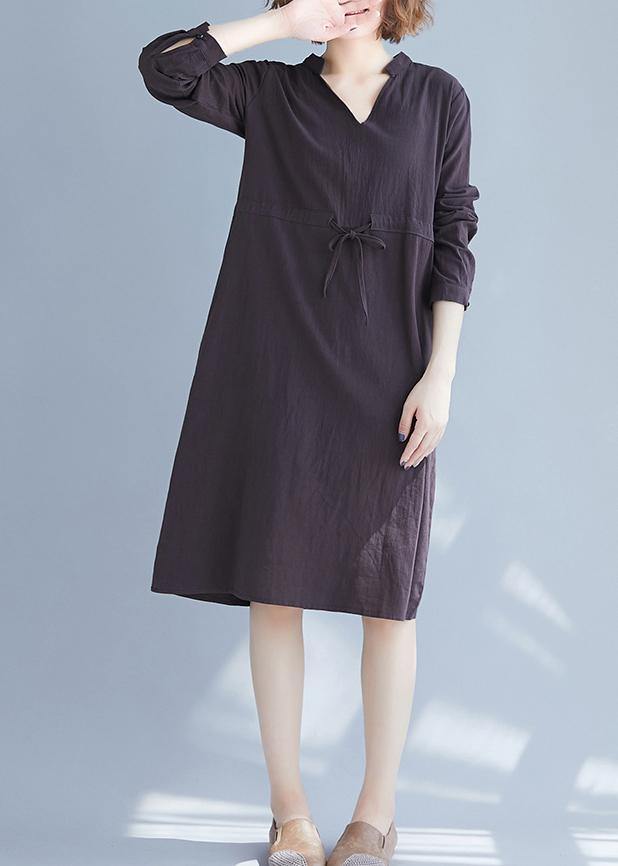 Simple V Neck Drawstring Spring Robes Neckline Gray Dresses