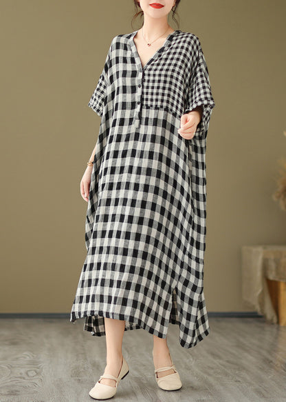 Simple V Neck Plaid Patchwork Side Open Linen Maxi Dress Short Sleeve