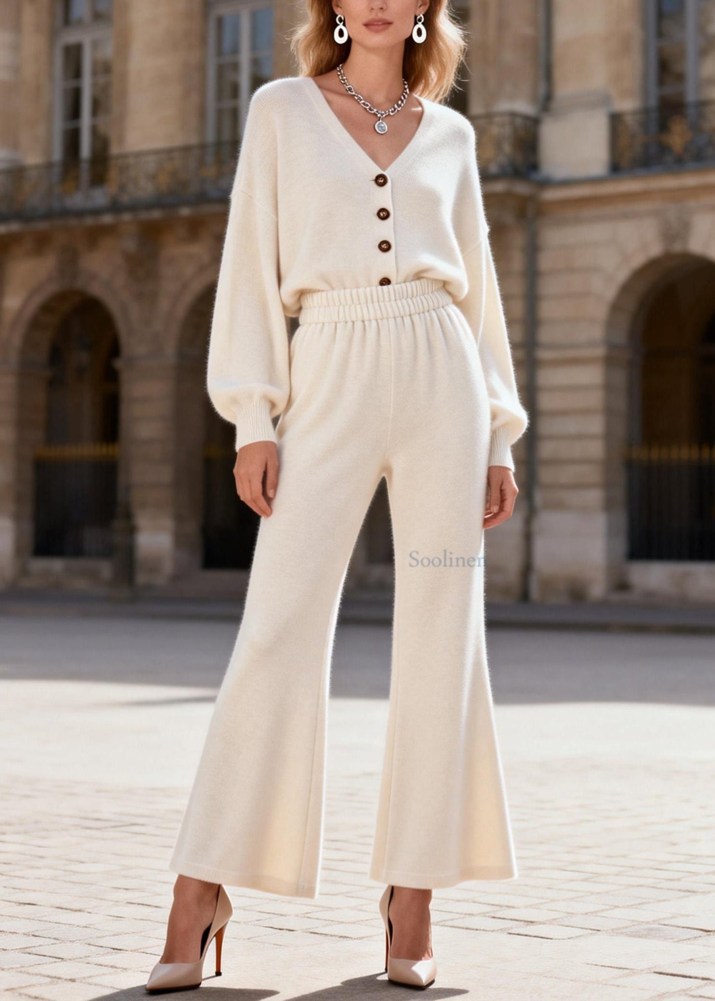 Simple V Neck Top and Pants Knit Sets 2 Pieces Spring