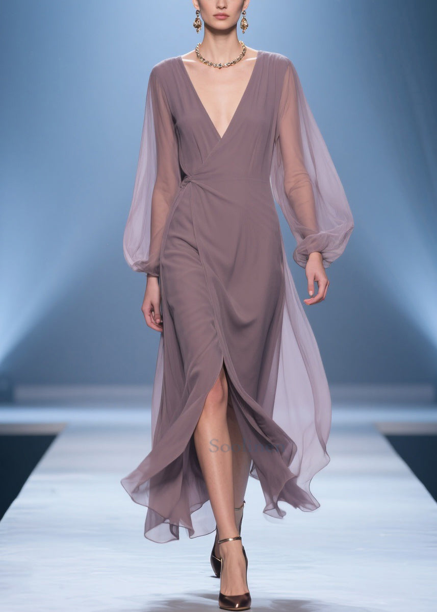 Simple V Neck Wrinkled Side Open Chiffon Long Dresses Spring