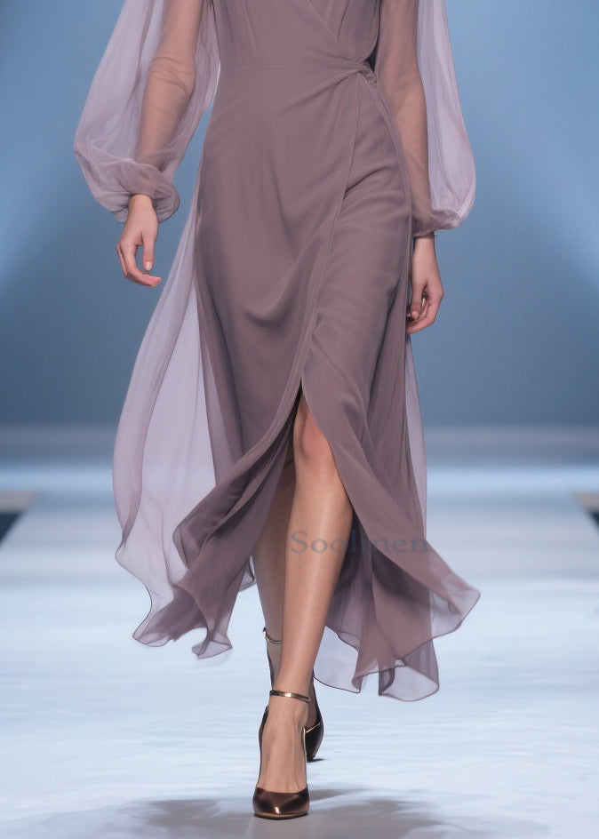 Simple V Neck Wrinkled Side Open Chiffon Long Dresses Spring