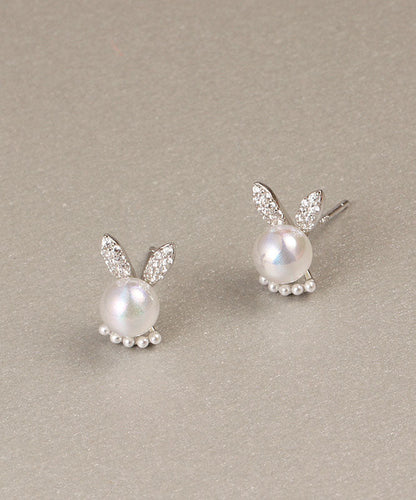 Simple White Rabbit Zircon and Pearl Stud Earrings