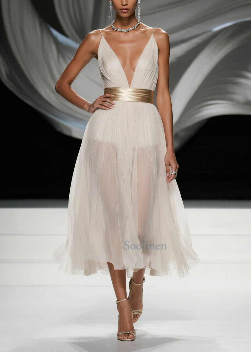 Simple White Deep-v Neck Tulle Tunic Beach Dress Summer