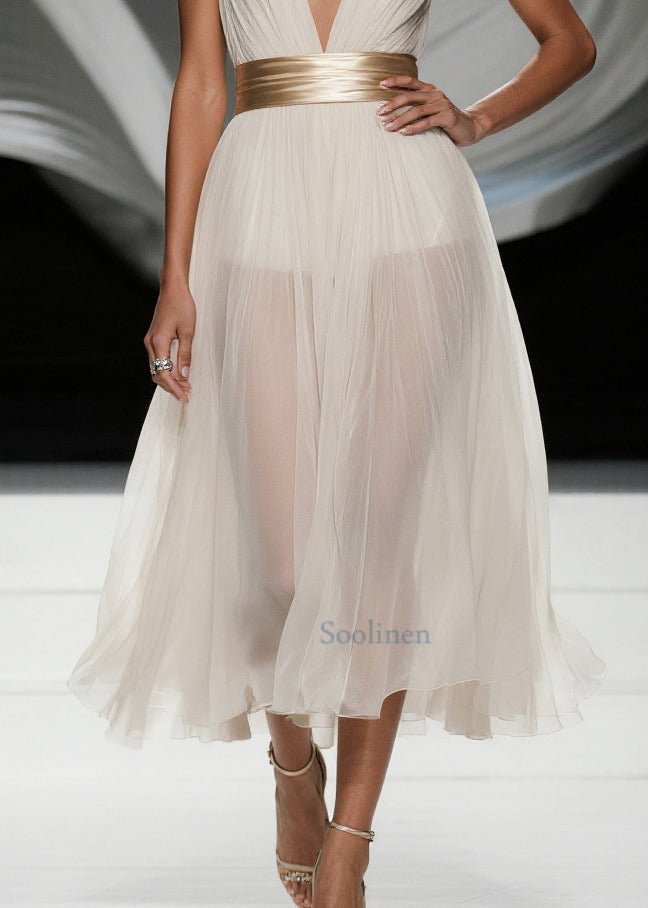 Simple White Deep-v Neck Tulle Tunic Beach Dress Summer