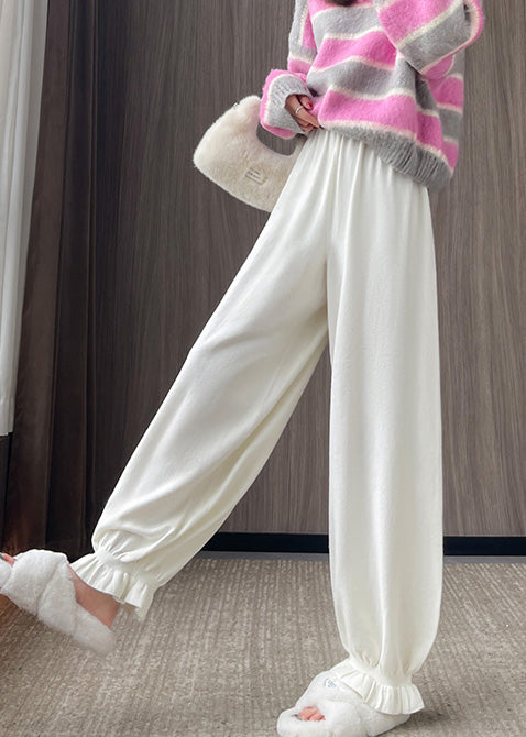 Simple White Elastic Waist Pockets Knit Pants Spring