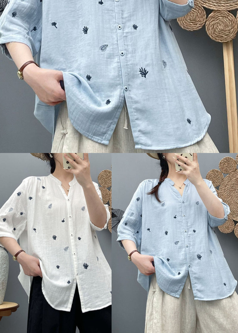 Simple White Embroidered Cotton Top Half Sleeve