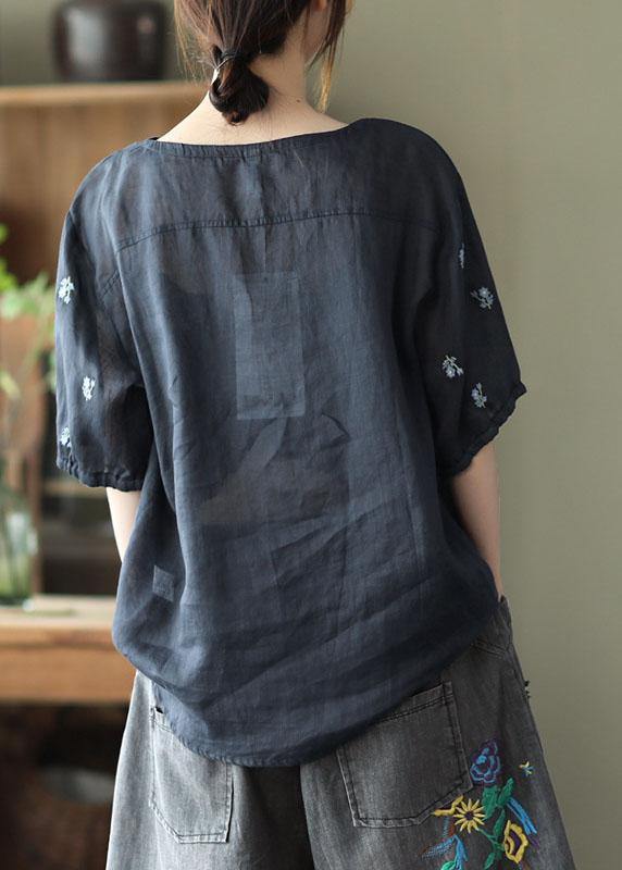 Simple White Embroideried O-neck Summer Ramie Tops Half Sleeve