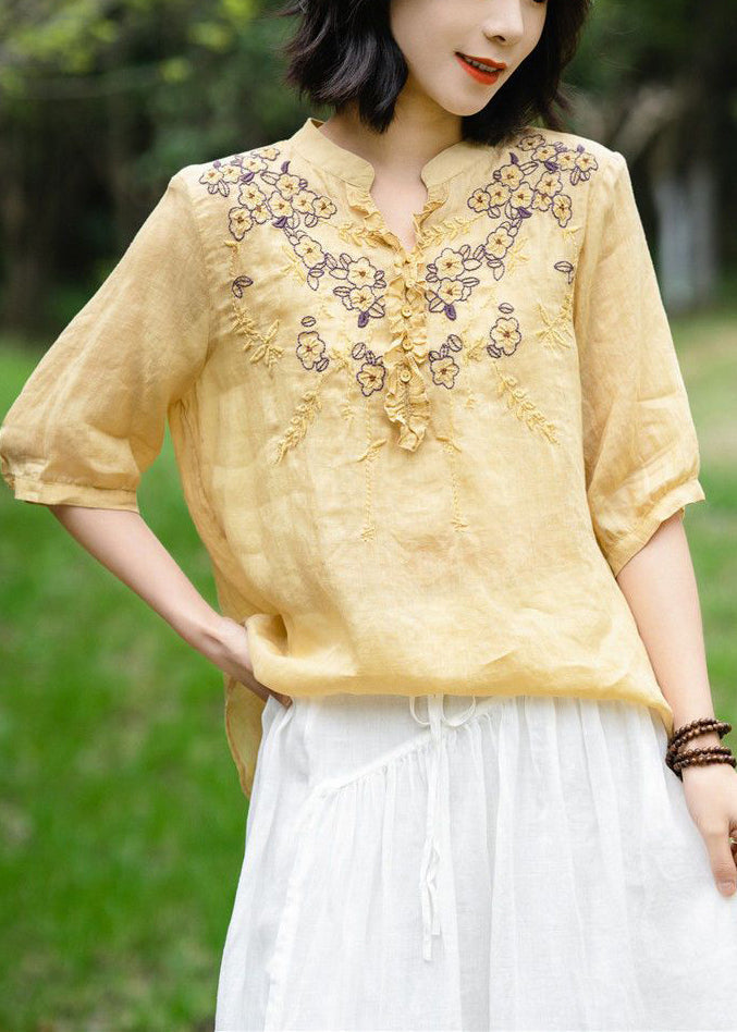 Simple Yellow Embroidered Ruffled Linen Shirt Top Summer