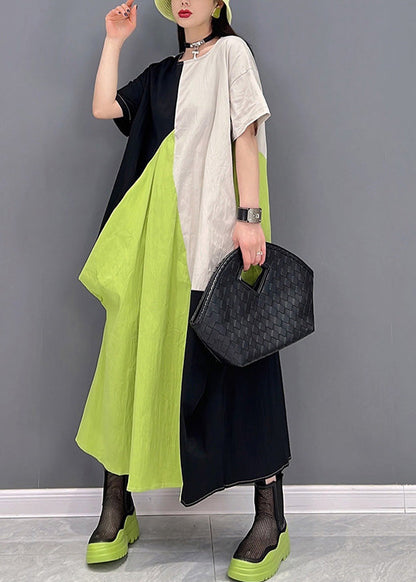 Simple White Green O-neck Patchwork Long Dresses Short Sleeve