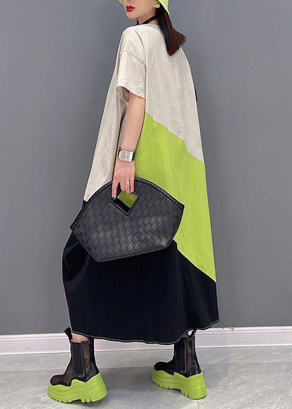 Simple White Green O-neck Patchwork Long Dresses Short Sleeve