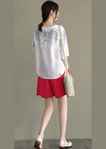 Simple White Loose O-neck Embroideried Summer Linen Blouse Top