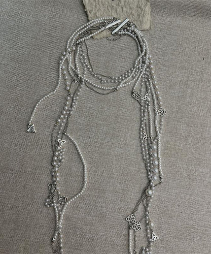 Simple White Metal Pearl Tassel Multilayer Gratuated Bead Necklace Wo006