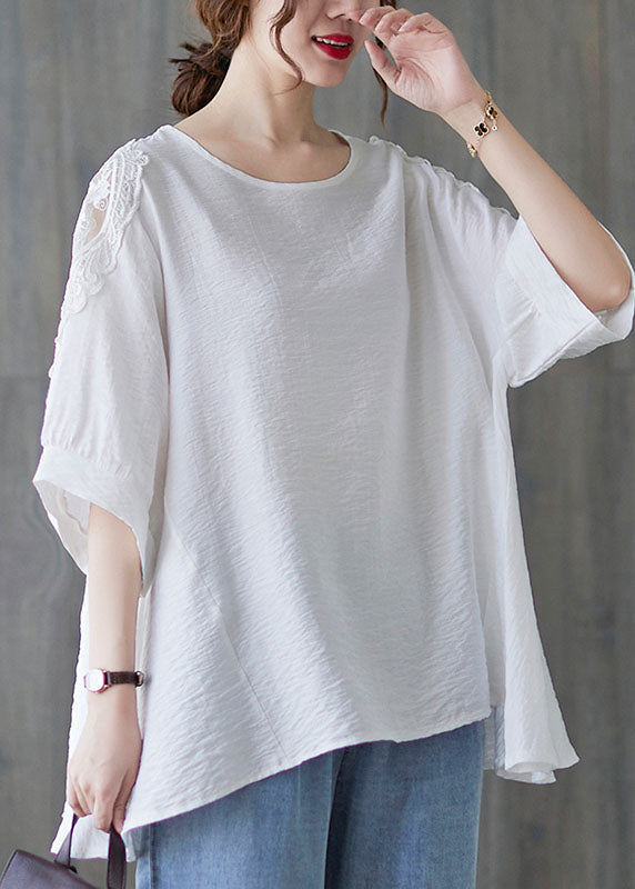 Simple White O-neck Asymmetrical Patchwork Cotton T Shirt Summer