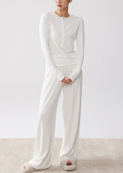 Simple White O Neck Button T Shirt and Wide Leg Pants Cotton Two-piece Set Spring
