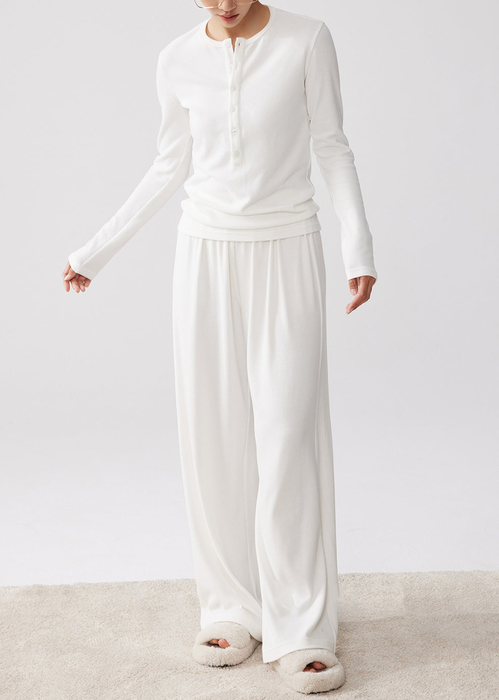 Simple White O Neck Button T Shirt and Wide Leg Pants Cotton Two-piece Set Spring