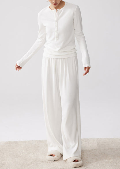 Simple White O Neck Button T Shirt and Wide Leg Pants Cotton Two-piece Set Spring
