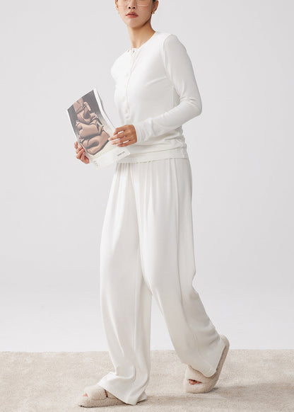 Simple White O Neck Button T Shirt and Wide Leg Pants Cotton Two-piece Set Spring