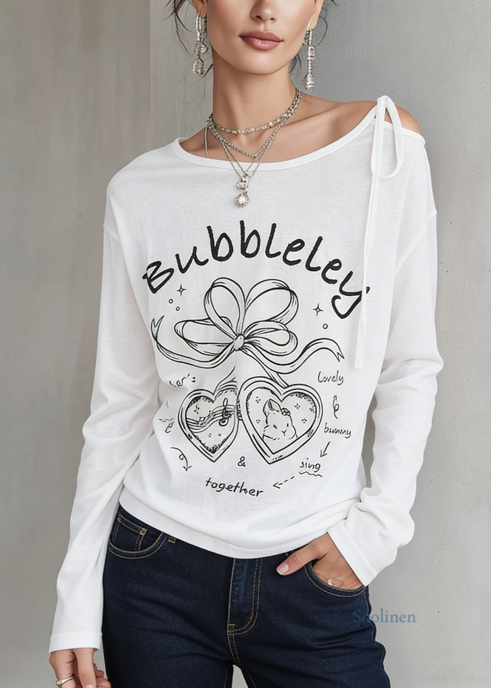 Simple White O Neck Print Cotton T Shirt Spring
