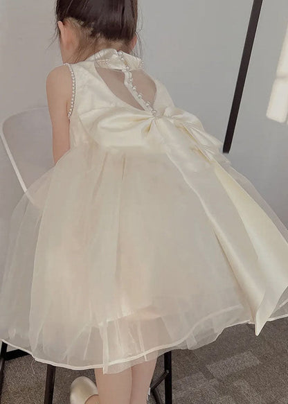 Simple White Peter Pan Collar Nail Bead Patchwork Tulle Kids Dresses Sleeveless