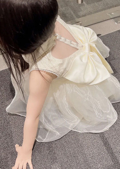 Simple White Peter Pan Collar Nail Bead Patchwork Tulle Kids Dresses Sleeveless