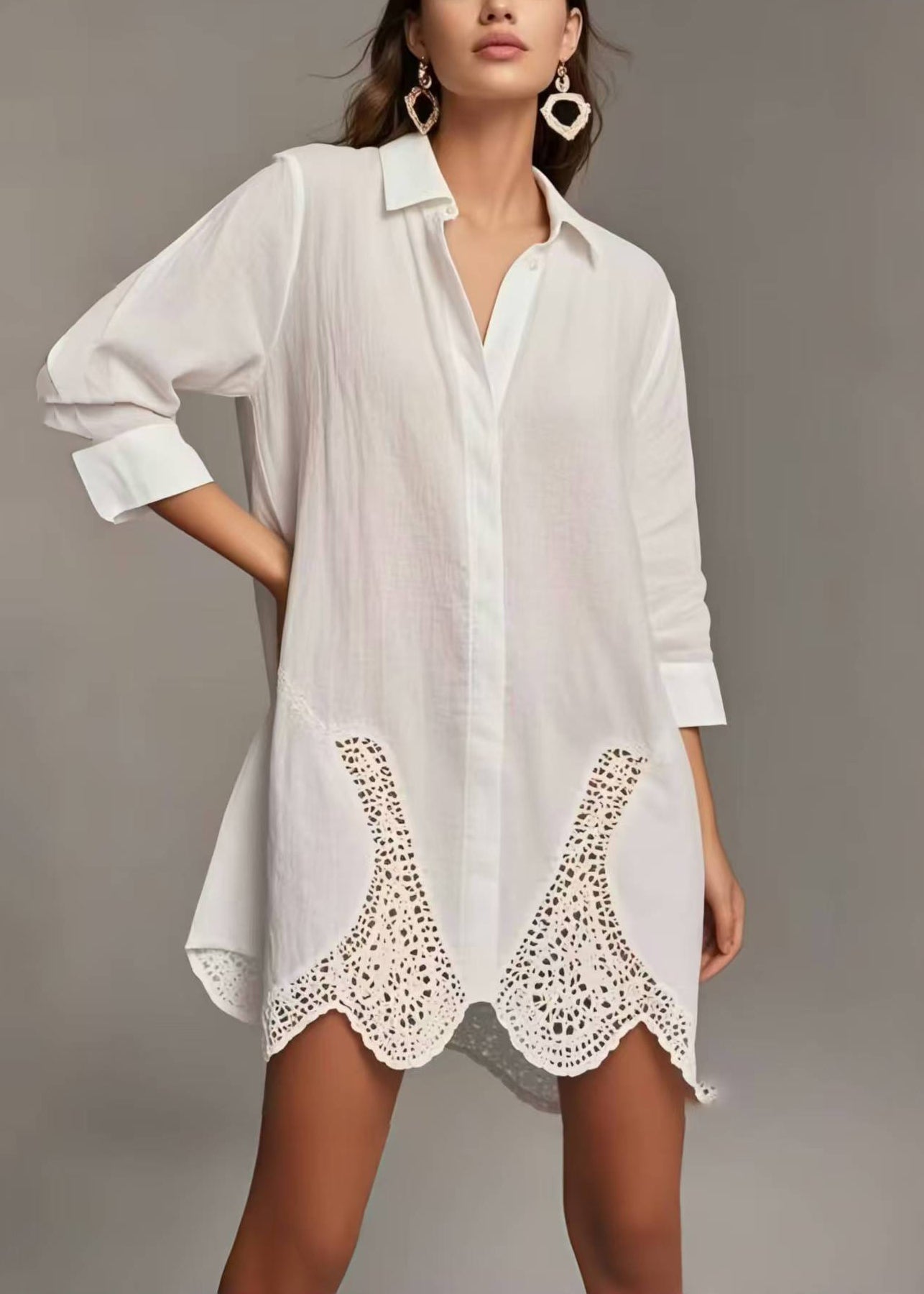 Simple White Peter Pan Collar Patchwork Lace Long Shirts Spring