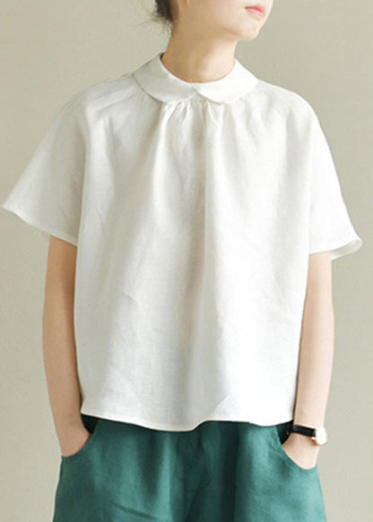 Simple White Peter Pan Collar Linen Shirt Summer