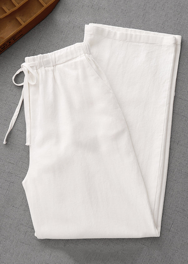 Simple White Pockets Elastic Waist Cotton Pants Summer