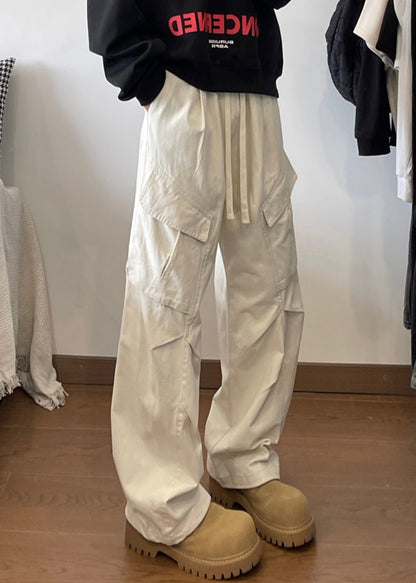 Simple White Pockets Lace Up Elastic Waist Cotton Pants Spring