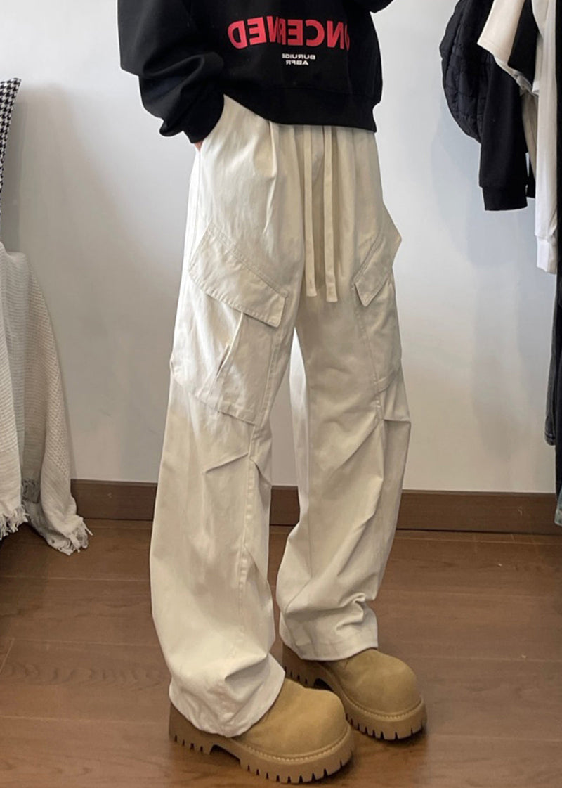 Simple White Pockets Lace Up Elastic Waist Cotton Pants Spring