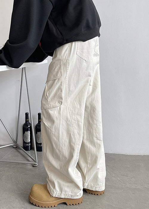 Simple White Pockets Lace Up Elastic Waist Cotton Pants Spring