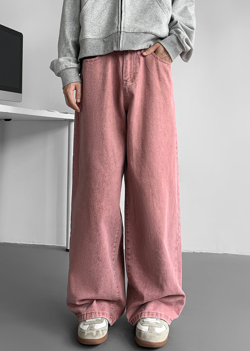 Simple White Pockets Denim Wide Leg Pants Fall