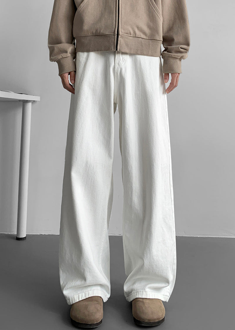 Simple White Pockets Denim Wide Leg Pants Fall