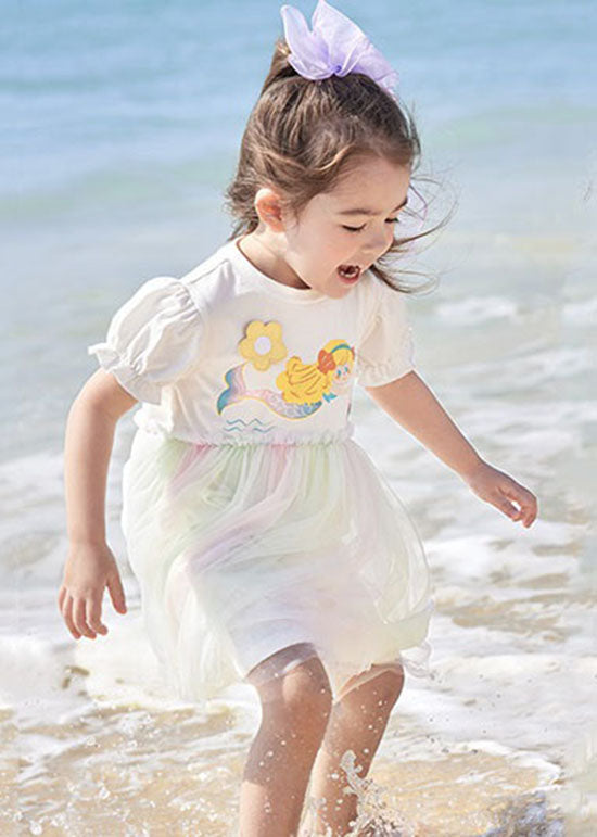 Simple White Ruffled Cartoon Print Patchwork Tulle Kids Dresses Summer