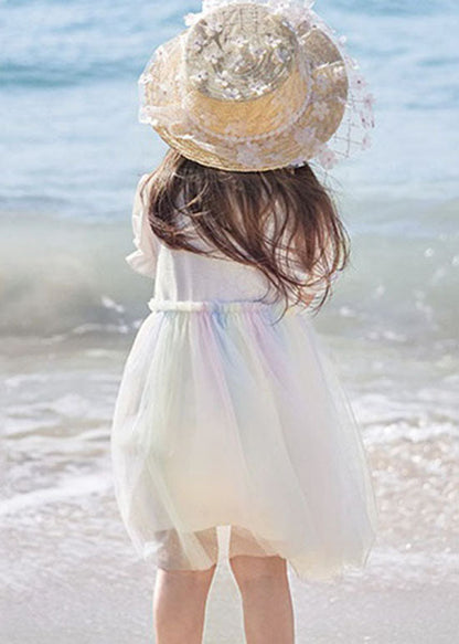 Simple White Ruffled Cartoon Print Patchwork Tulle Kids Dresses Summer