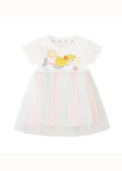 Simple White Ruffled Cartoon Print Patchwork Tulle Kids Dresses Summer
