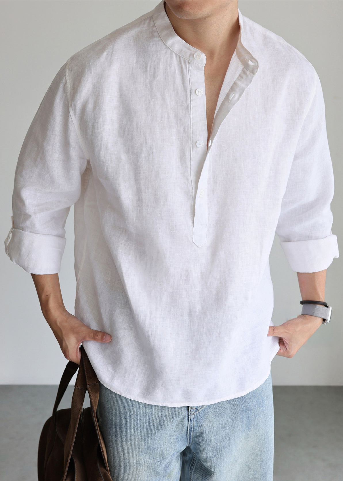 Simple White Stand Collar Button Linen Men's Shirts Fall