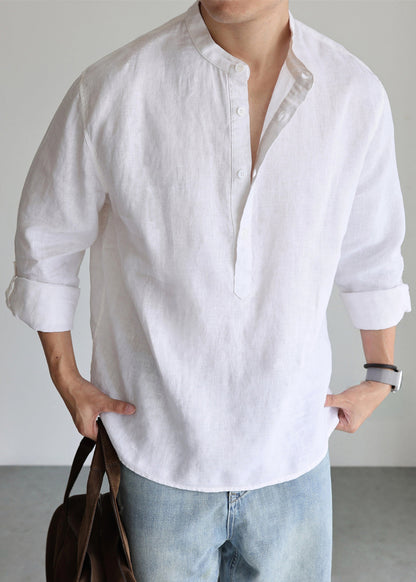 Simple White Stand Collar Button Linen Men's Shirts Fall