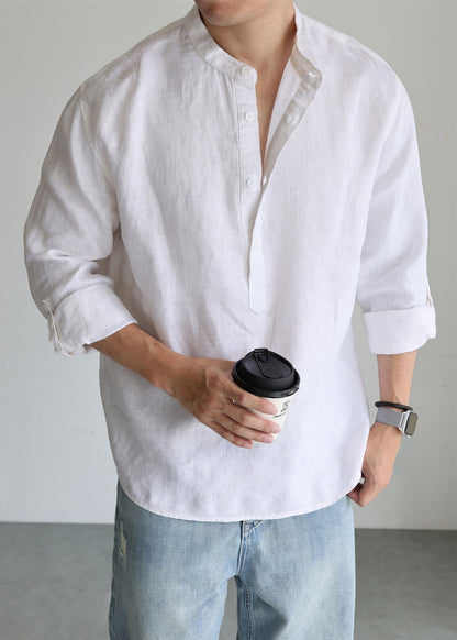 Simple White Stand Collar Button Linen Men's Shirts Fall